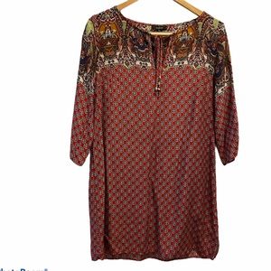 Aakaa Red Multi Print V Neck Dress Size Small